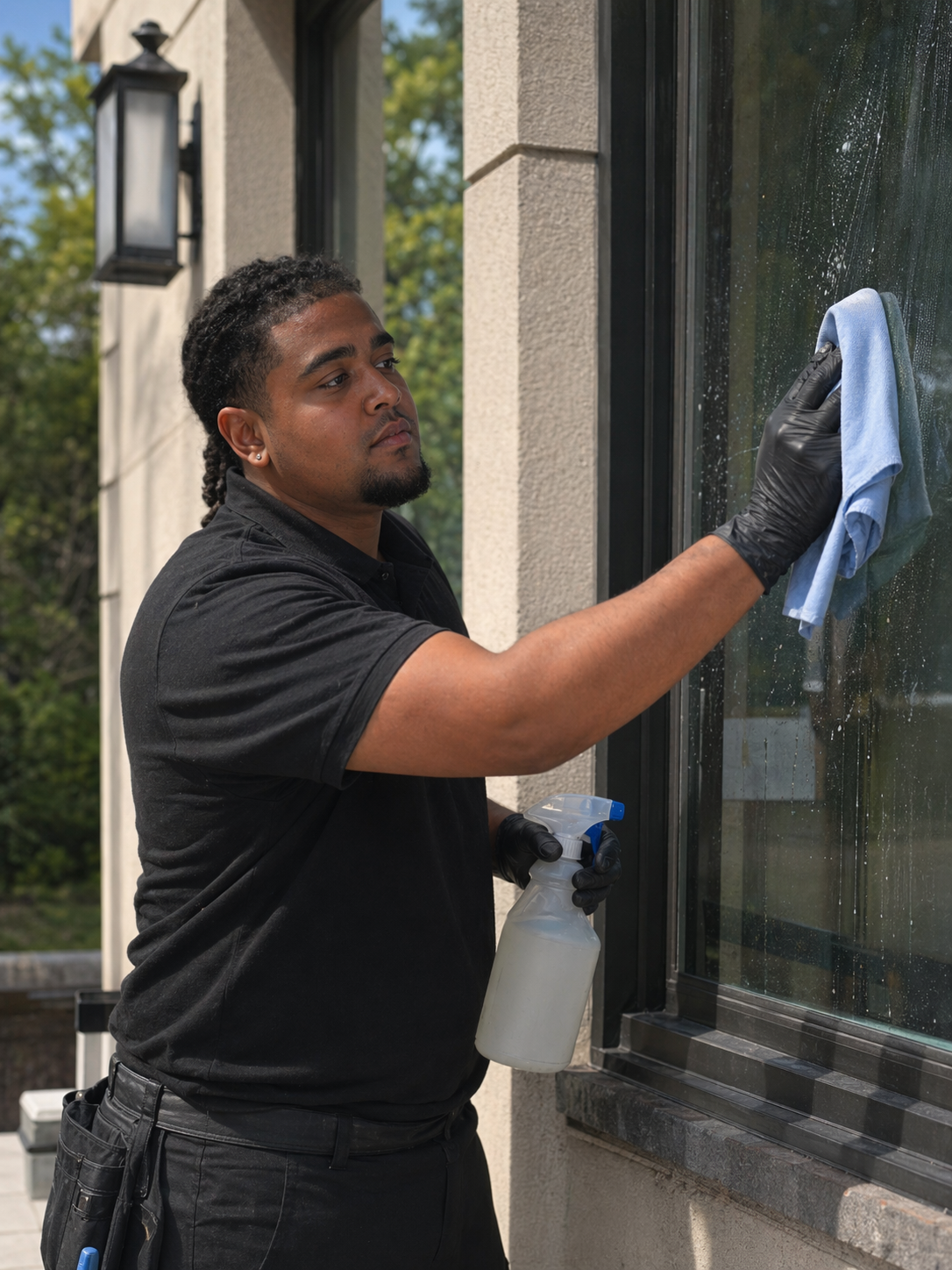 Squeegee gliding down a soapy windowpane